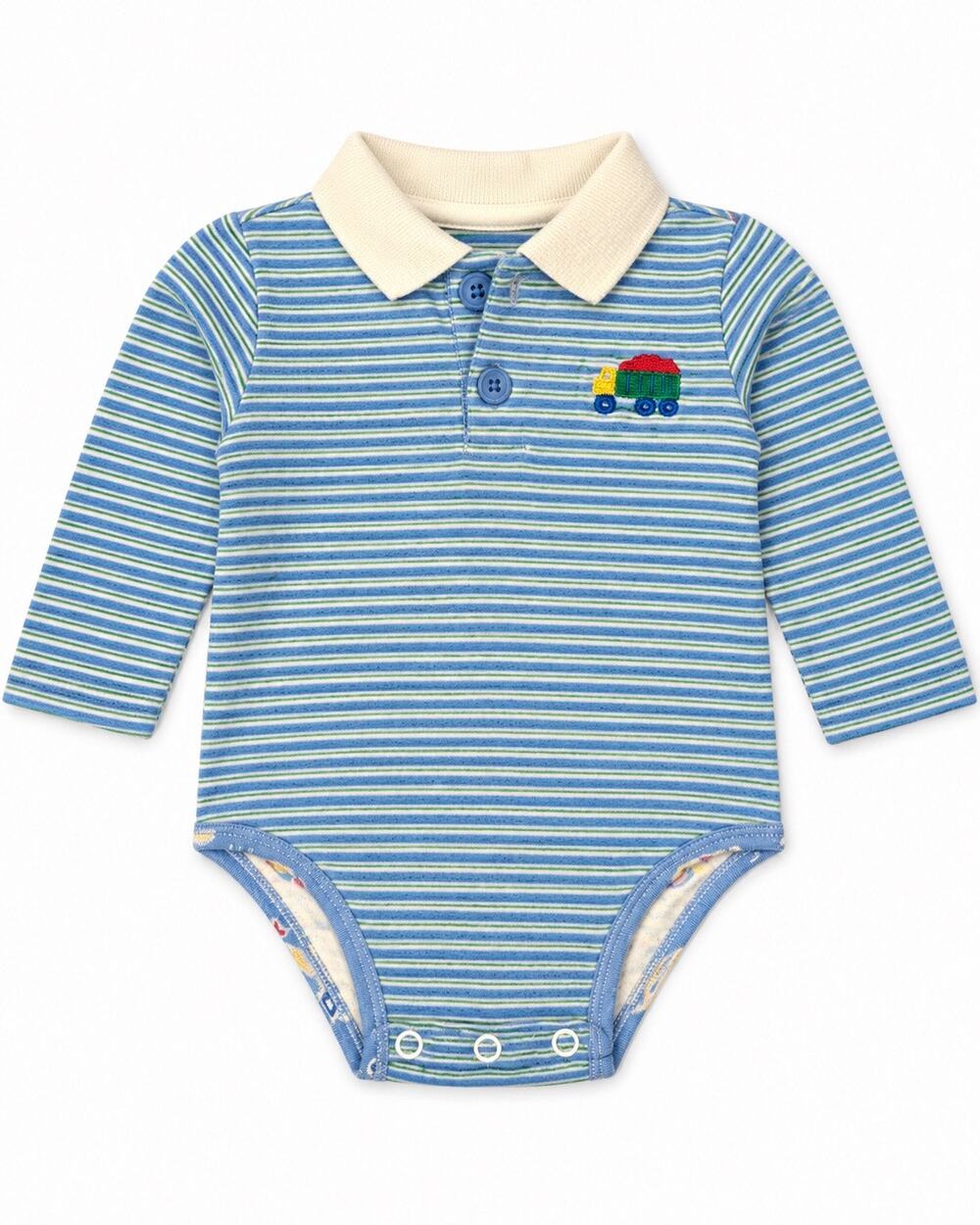 Vintage striped polo bodysuit with embroidered truck detail
